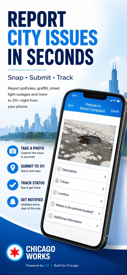 Chicago Works app screenshot: filing a pothole in street report with a photo, description, and auto-detected location
