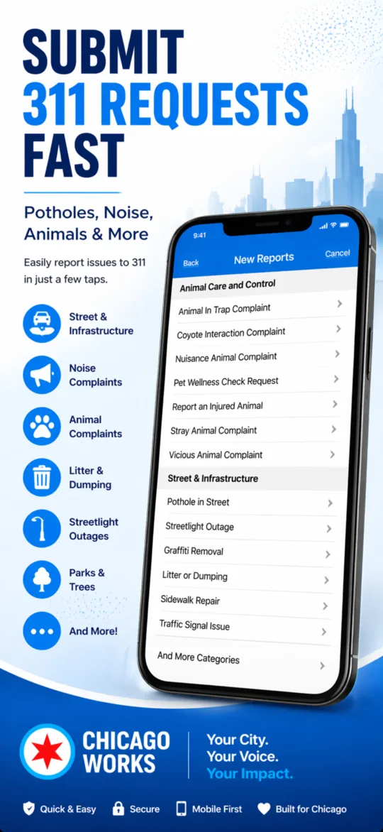 Chicago Works app screenshot: 311 category list including streetlight outage, potholes, and graffiti removal