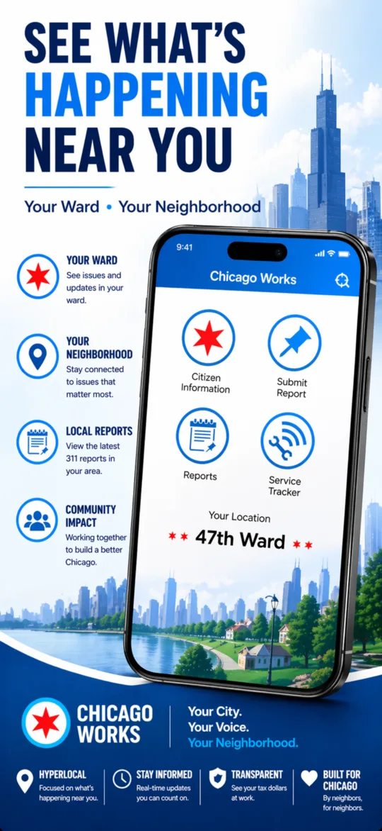 Chicago Works app screenshot: home screen with automatic ward detection showing the 47th Ward