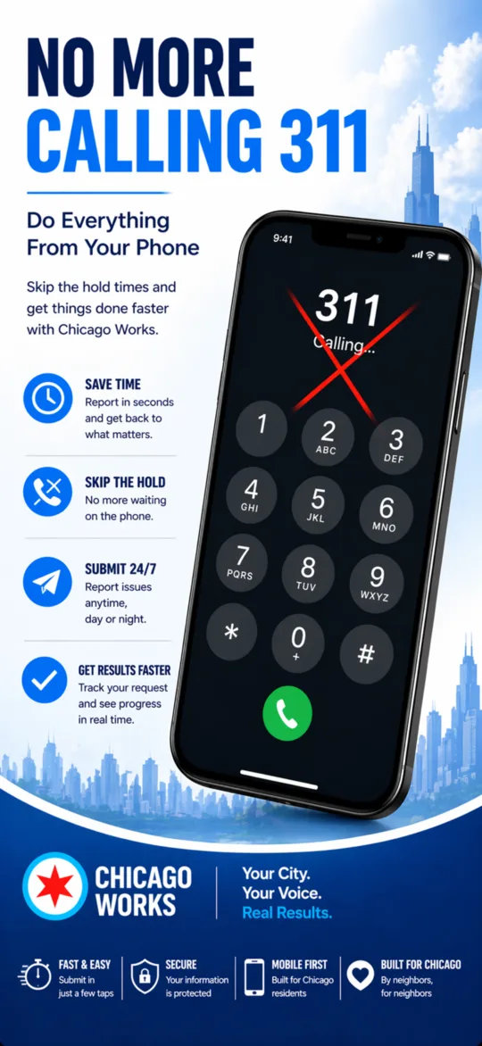 Chicago Works app screenshot: skip calling 311 and submit reports 24/7 from your phone